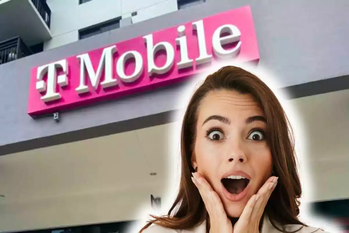 Photo montage of a surprised woman in front of a T-Mobile store.