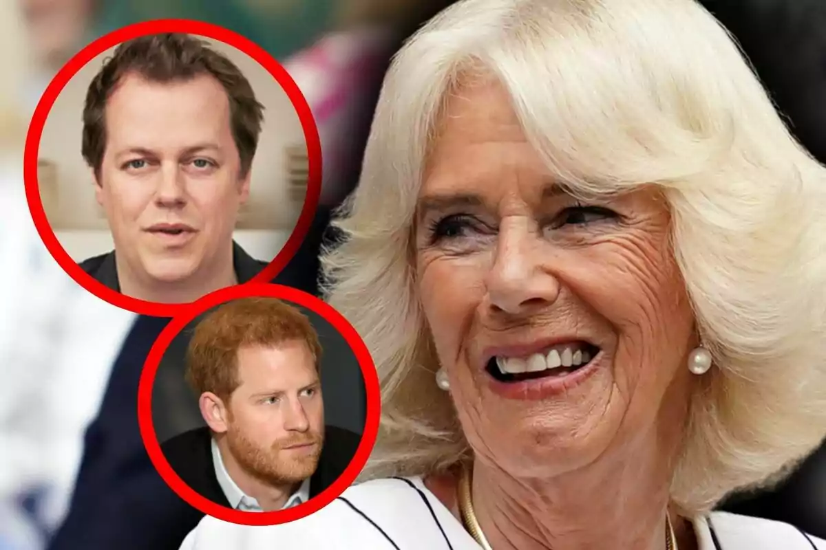 Close-up photo montage of Queen Camilla, Tom Parker Bowles, and Prince Harry.