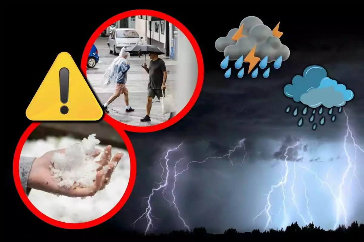 Advertencia de tormenta con imágenes de personas bajo la lluvia, granizo en una mano, relámpagos en el cielo y nubes con lluvia y rayos.