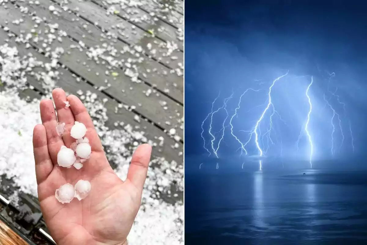 Una mano sostiene granizos mientras el suelo está cubierto de hielo y al lado se observa una tormenta eléctrica con varios rayos sobre el mar. Una mano sostiene granizos mientras el suelo está cubierto de hielo y al lado se observa una tormenta eléctrica con varios rayos sobre el mar.