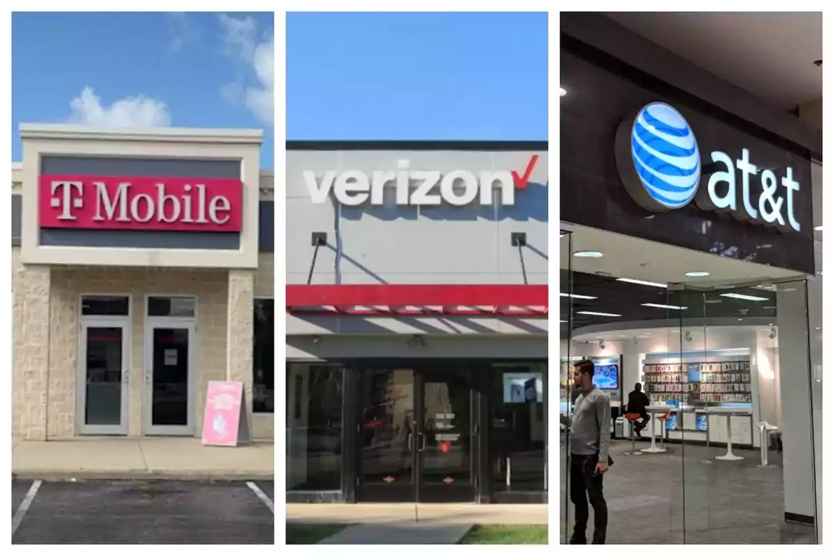 Three telecommunications company stores: T-Mobile, Verizon, and AT&T. Three telecommunications company stores: T-Mobile, Verizon, and AT&T.