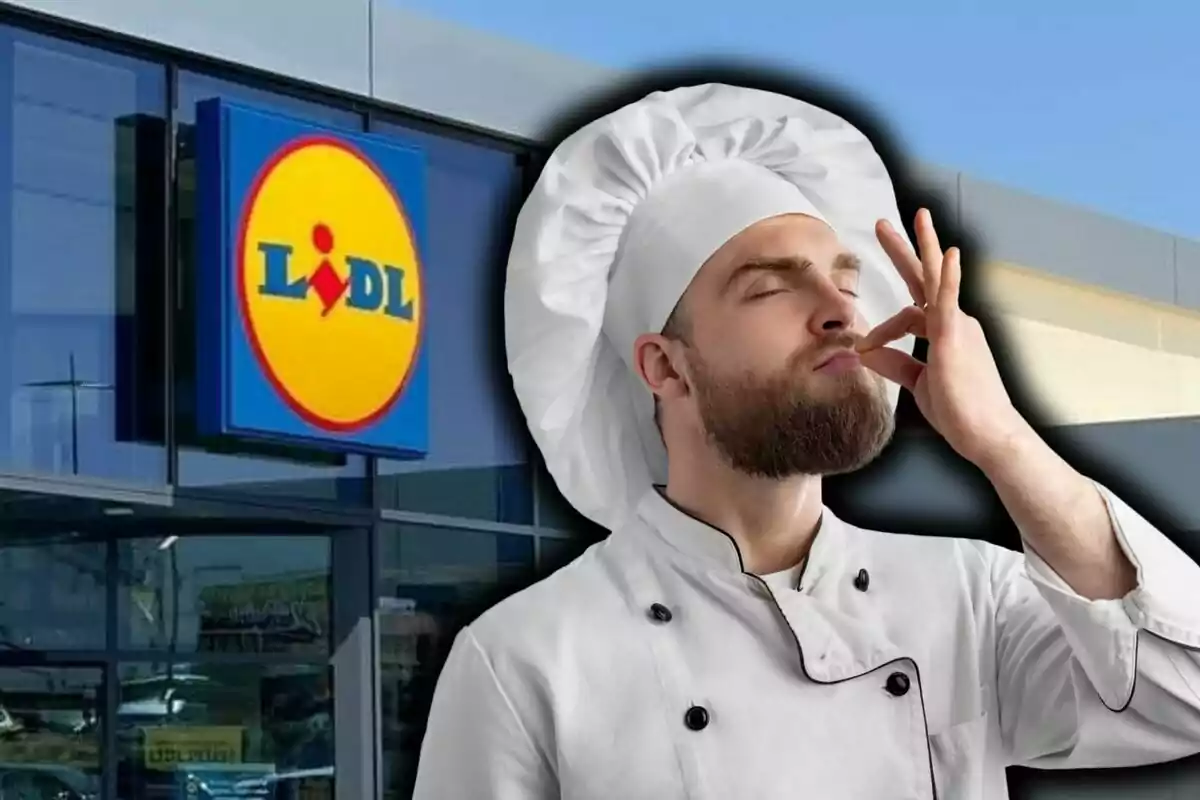 Un chef con expresión de satisfacción está superpuesto frente a una tienda de Lidl.