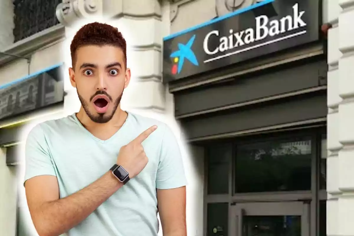 A surprised man pointing at a CaixaBank sign.