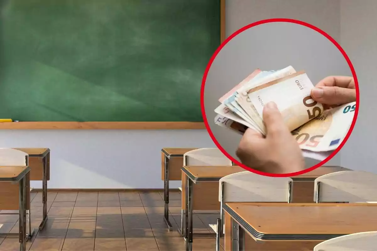 Aula de clases con escritorios vacíos y una pizarra verde, con un círculo rojo que muestra una mano contando billetes de euro.