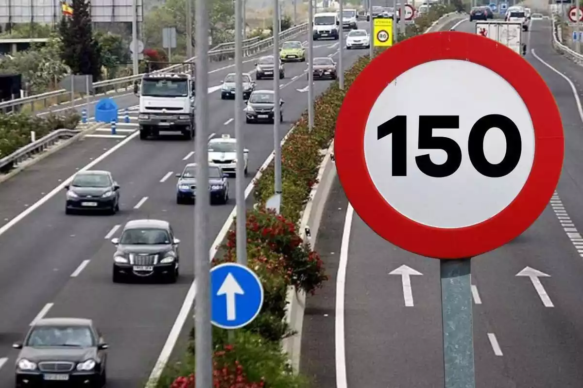 Montaje de fotos de una carretera llena de coches y al lado una señal de tráfico que limita la velocidad a 150 kilómetros por hora