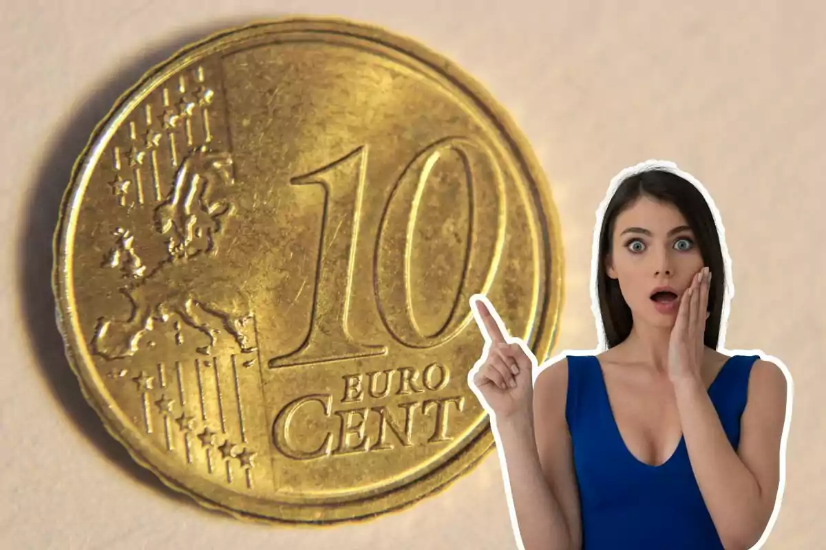 Montaje de fotos de una moneda de 10 céntimos y junto a una mujer con rostro de sorpresa Montaje de fotos de una moneda de 10 céntimos y junto a una mujer con rostro de sorpresa