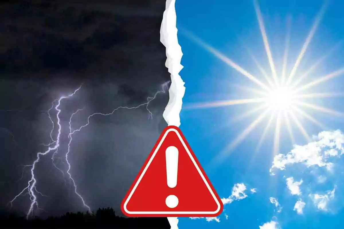 Cielo dividido entre tormenta con relámpagos y día soleado con un símbolo de advertencia en el centro Cielo dividido entre tormenta con relámpagos y día soleado con un símbolo de advertencia en el centro