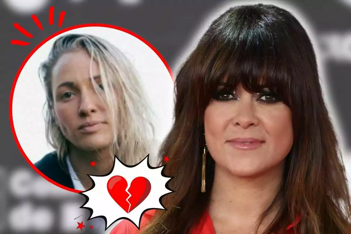 Vanesa Martín con cabello largo y oscuro aparece en primer plano, mientras que en un círculo rojo a la izquierda se muestra a Bruna Bravo con cabello rubio y un corazón roto dibujado.