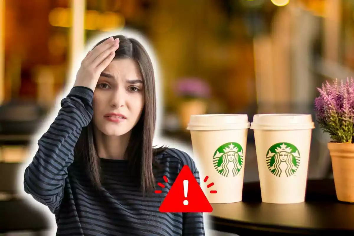 Una mujer con expresión preocupada se toca la frente mientras dos vasos de café de Starbucks están sobre una mesa junto a una planta en maceta, con un ícono de advertencia en primer plano.