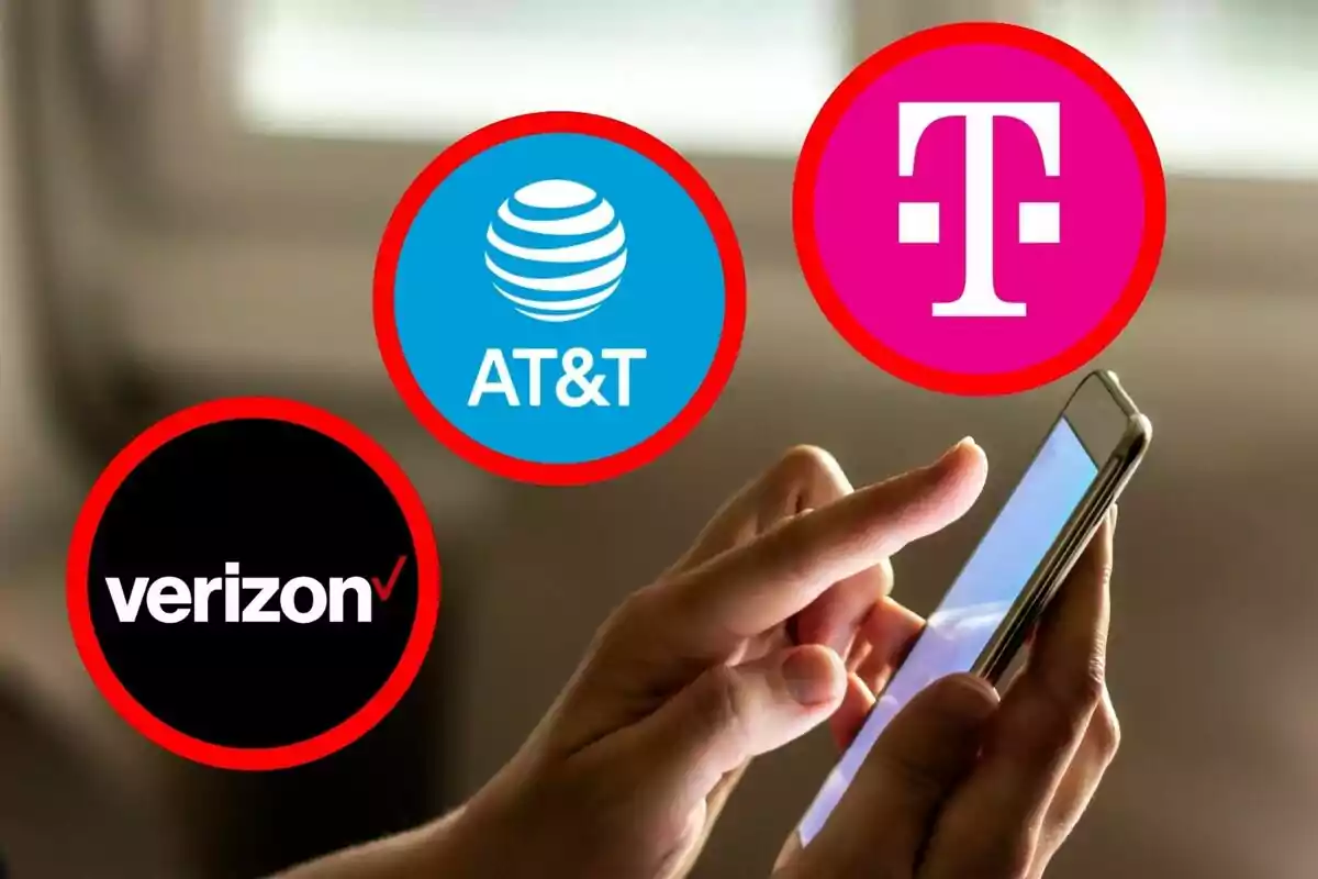 Hands using a mobile phone with the Verizon, AT&T, and T-Mobile logos overlaid. Hands using a mobile phone with the Verizon, AT&T, and T-Mobile logos overlaid.
