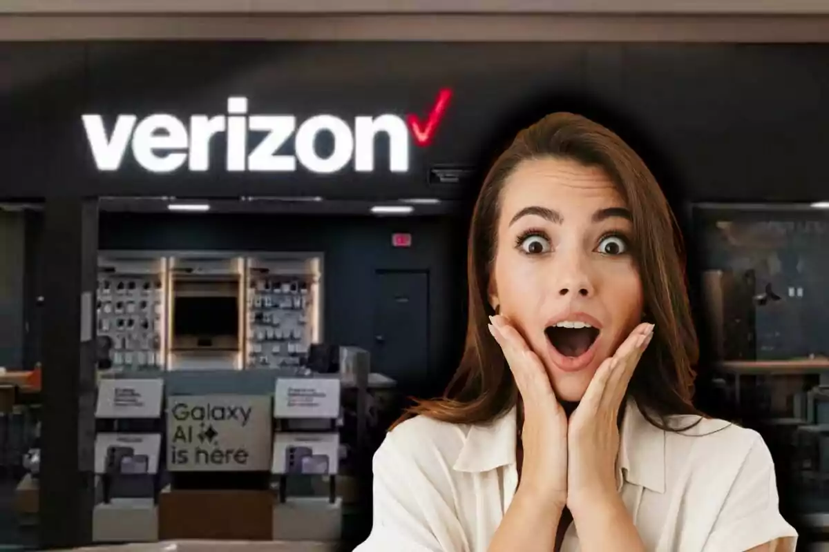 Mujer sorprendida frente a una tienda de Verizon.