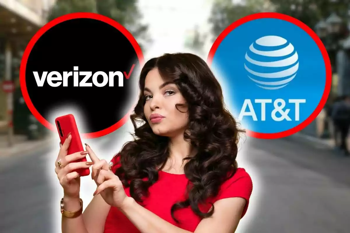Woman with a red phone in front of the Verizon and AT&T logos. Woman with a red phone in front of the Verizon and AT&T logos.