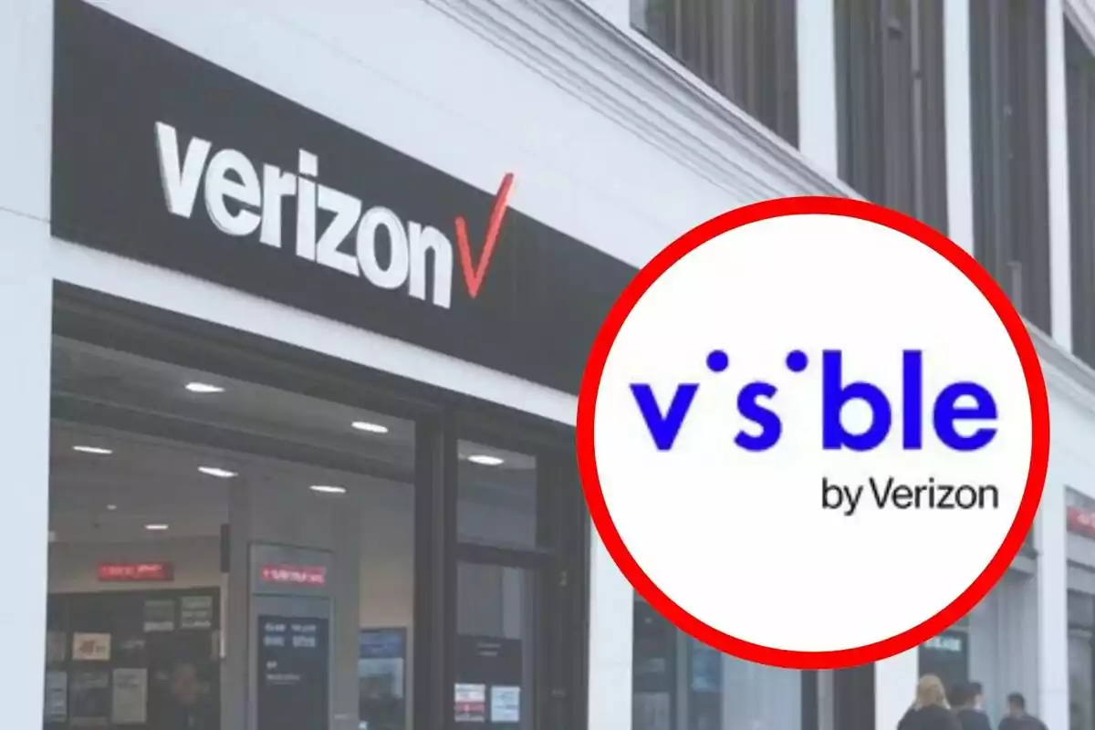 Una tienda de Verizon con un logotipo de Visible superpuesto en un círculo rojo. Una tienda de Verizon con un logotipo de Visible superpuesto en un círculo rojo.