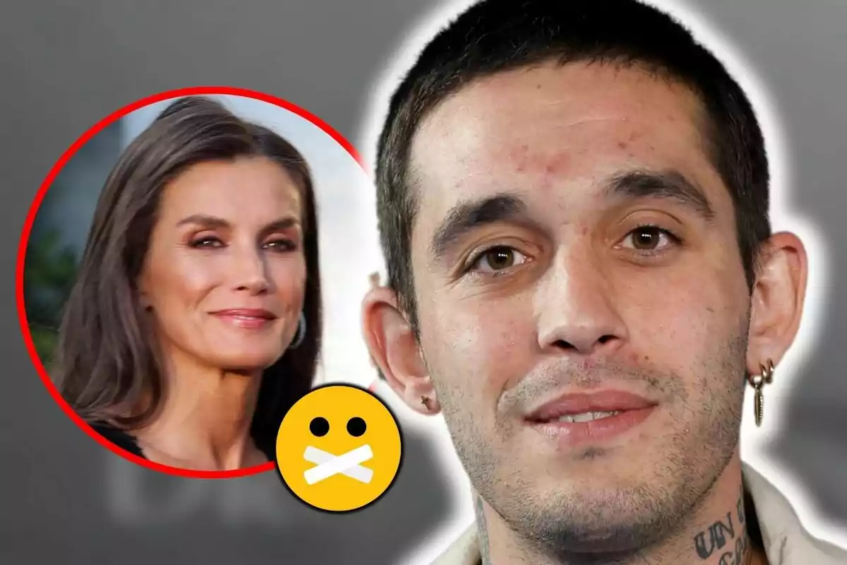 Primer plano de Víctor Elías con un pendiente en la oreja y un tatuaje en el cuello, con la imagen de Letizia Ortiz en un círculo rojo en el fondo y un emoji de cara con la boca tapada en el centro.