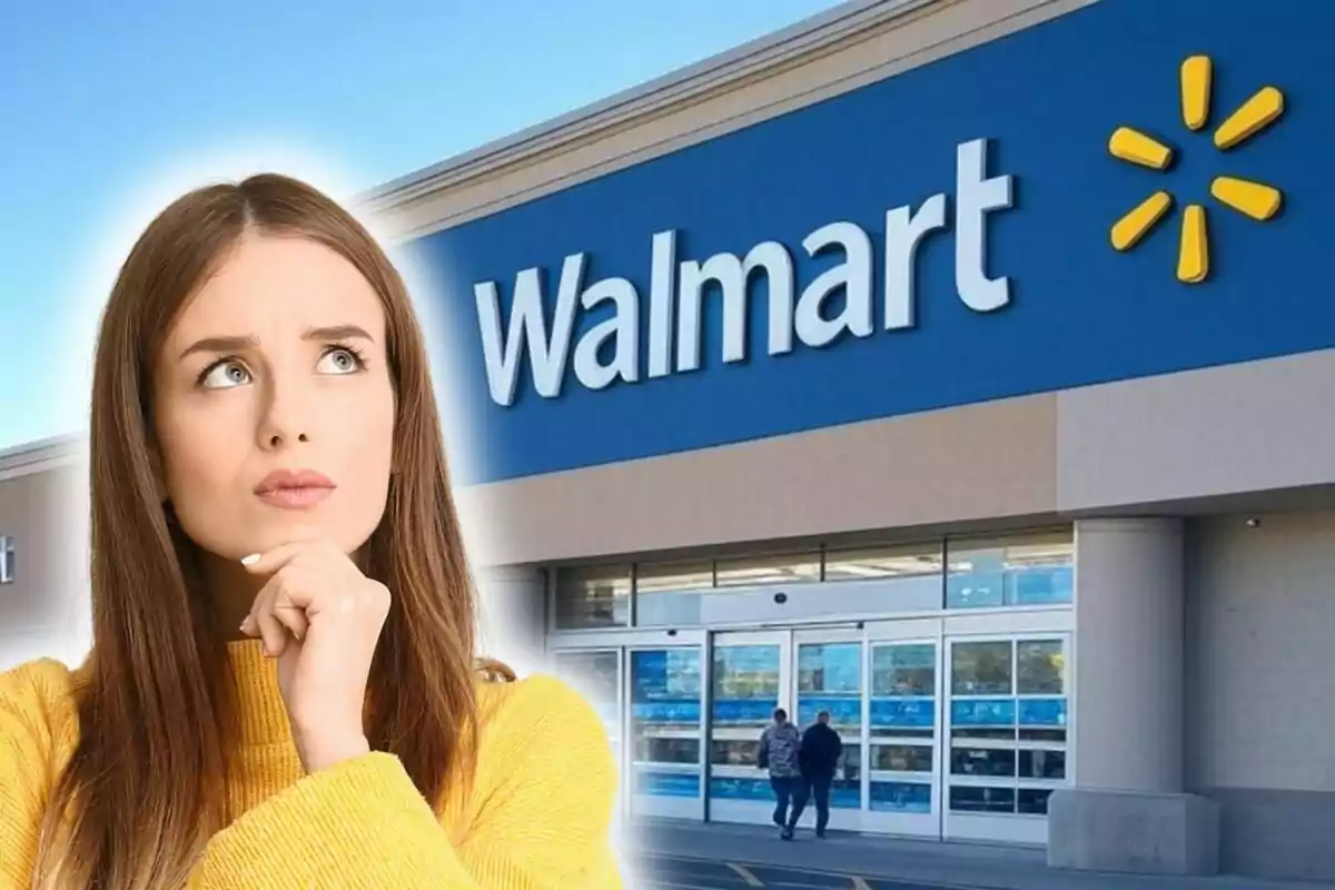 Thoughtful woman in front of a Walmart store.