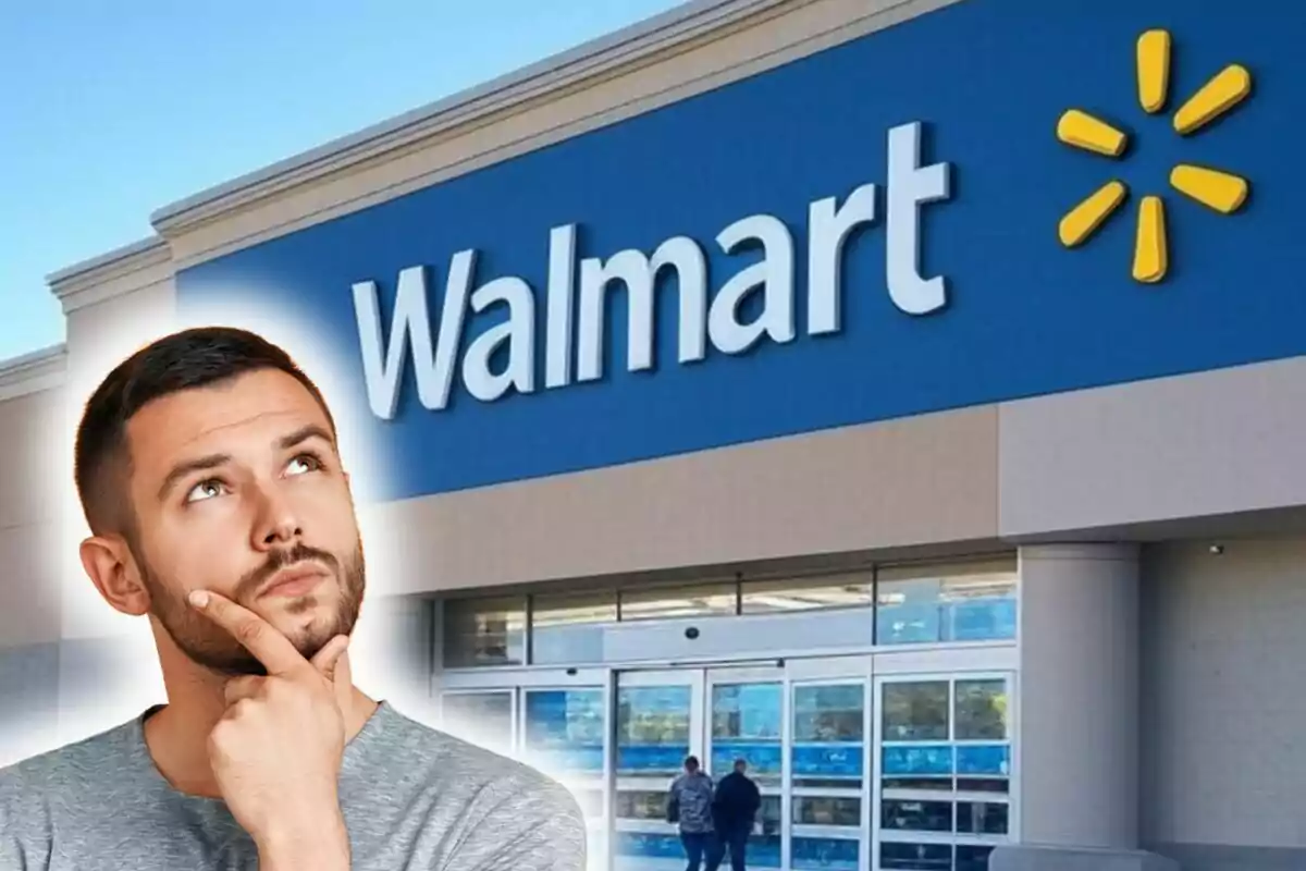 Thoughtful man in front of a Walmart store entrance.