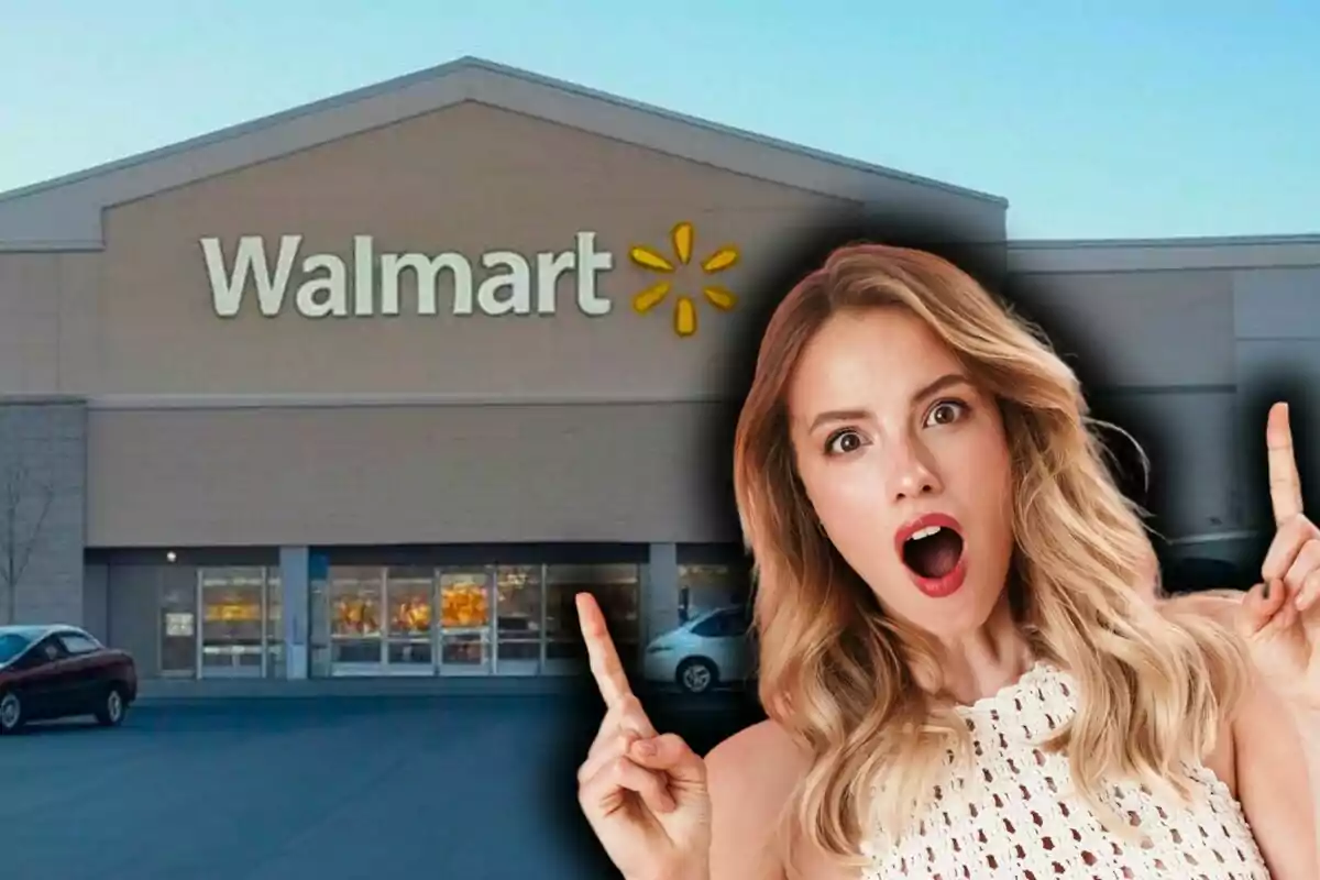 A woman surprised in front of a Walmart store.