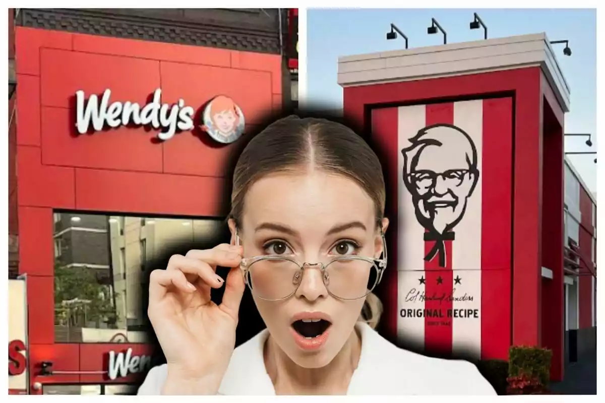 Una mujer con expresión de sorpresa sostiene sus gafas frente a los restaurantes de Wendy's y KFC.