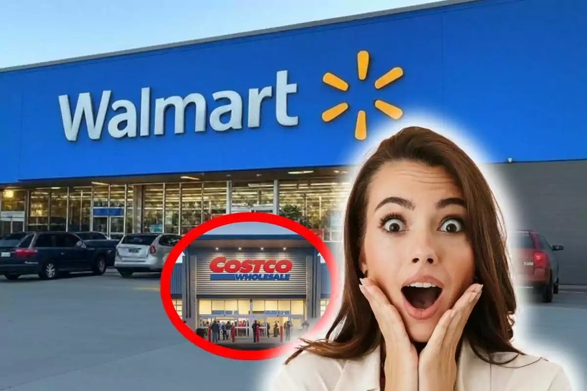 A woman with a surprised expression in front of a Walmart store with a circle showing an image of Costco.