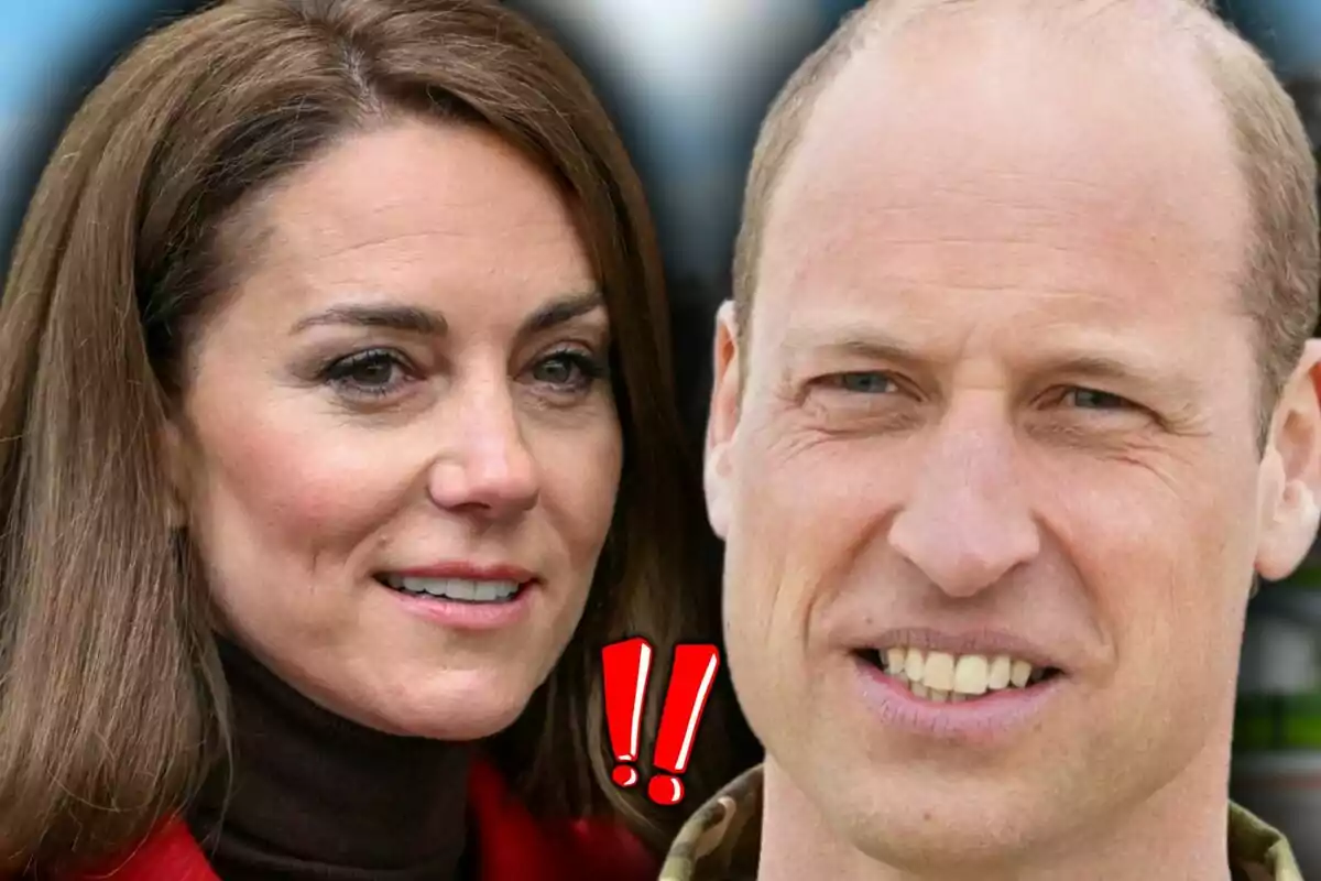 Close-up of Prince William and Kate Middleton, both with half-smiling faces and looking forward with a red exclamation mark between them.