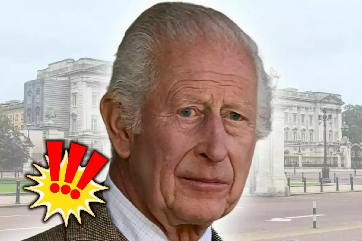 Photo montage of King Charles III with a serious expression in front of Buckingham Palace and a red exclamation mark emoji on a yellow background.
