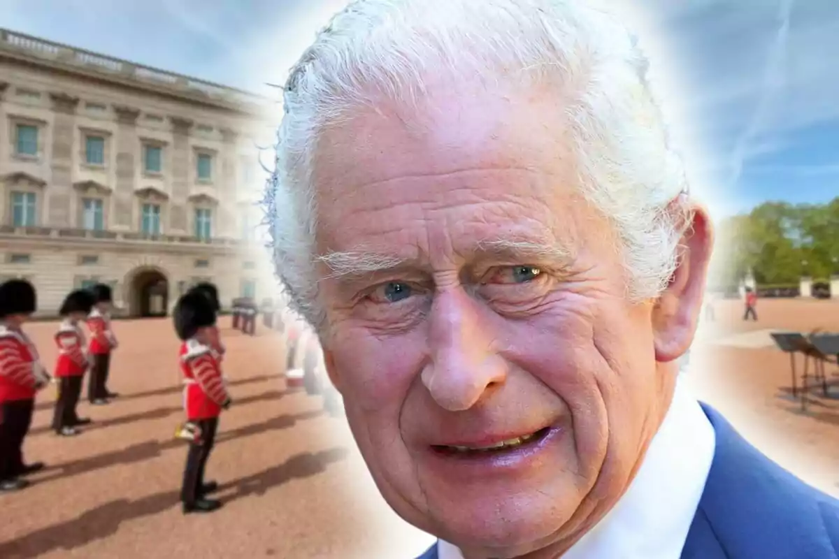 Close-up photo montage of Charles III and, in the background, a wide shot of Buckingham Palace.