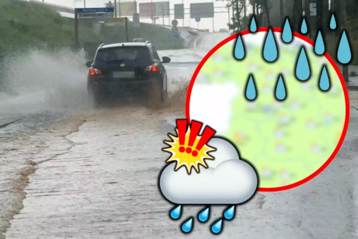 Un coche negro circula por una carretera inundada mientras salpica agua a su alrededor con un gráfico de nubes y gotas de lluvia superpuesto en la imagen.