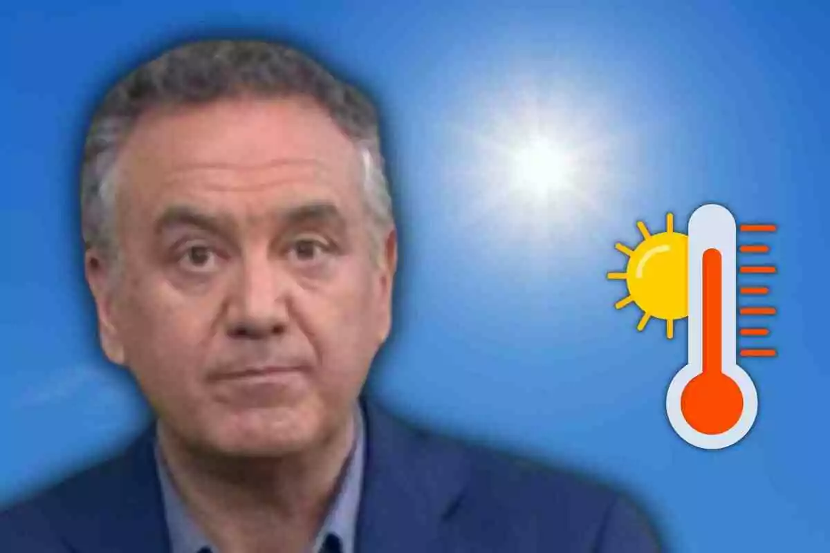 Roberto Brasero con cabello canoso con expresión seria sobre fondo azul, junto a un sol brillante y un icono de termómetro indicando altas temperaturas Roberto Brasero con cabello canoso con expresión seria sobre fondo azul, junto a un sol brillante y un icono de termómetro indicando altas temperaturas