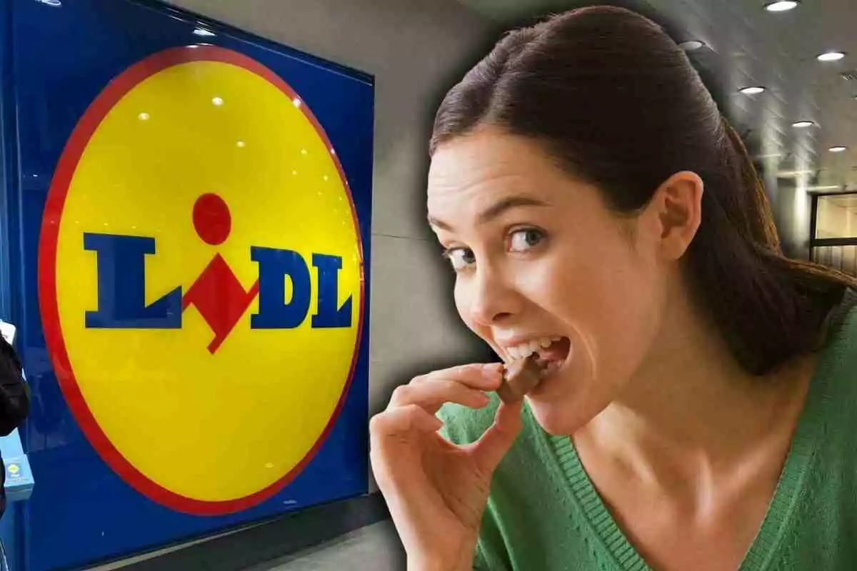 Mujer sonriente comiendo un trozo de chocolate frente a un cartel grande del supermercado Lidl