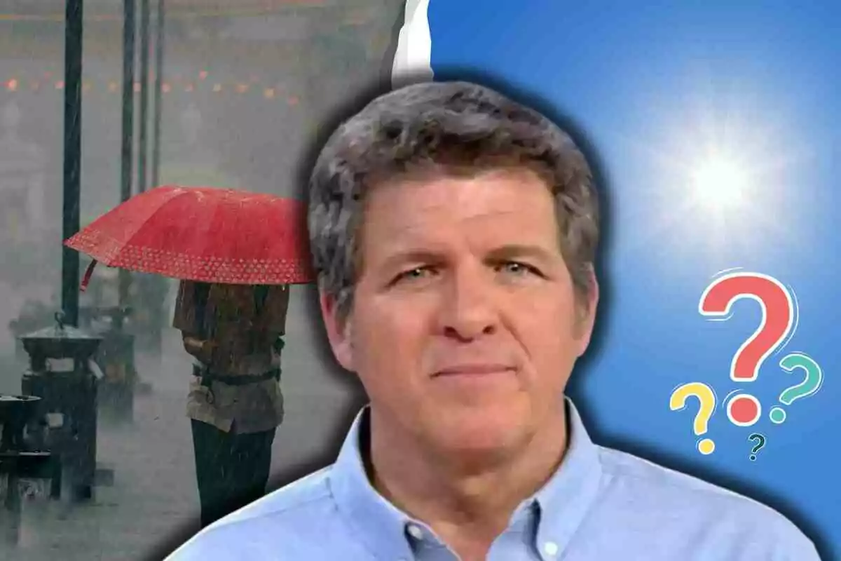 Mario Picazo al frente con fondo dividido entre un día lluvioso y soleado acompañado de signos de interrogación Mario Picazo al frente con fondo dividido entre un día lluvioso y soleado acompañado de signos de interrogación