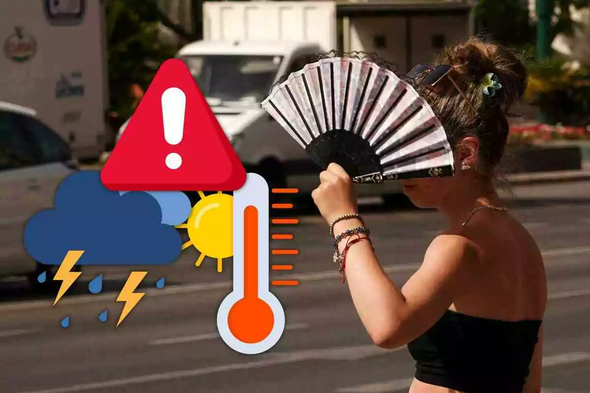 Mujer abanicándose en la calle durante una ola de calor con iconos de advertencia meteorológica y altas temperaturas superpuestos Mujer abanicándose en la calle durante una ola de calor con iconos de advertencia meteorológica y altas temperaturas superpuestos