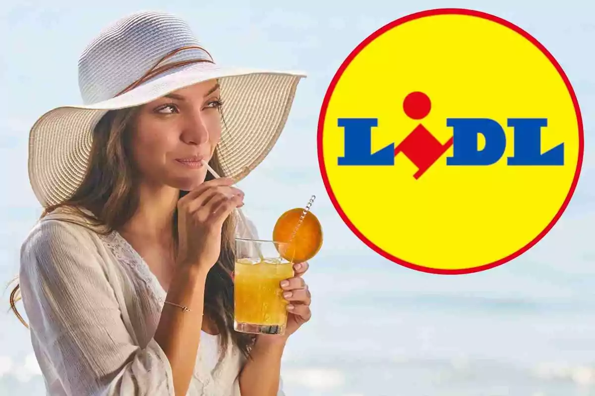 Mujer con sombrero blanco disfrutando una bebida junto a un logotipo de Lidl sobre fondo de playa