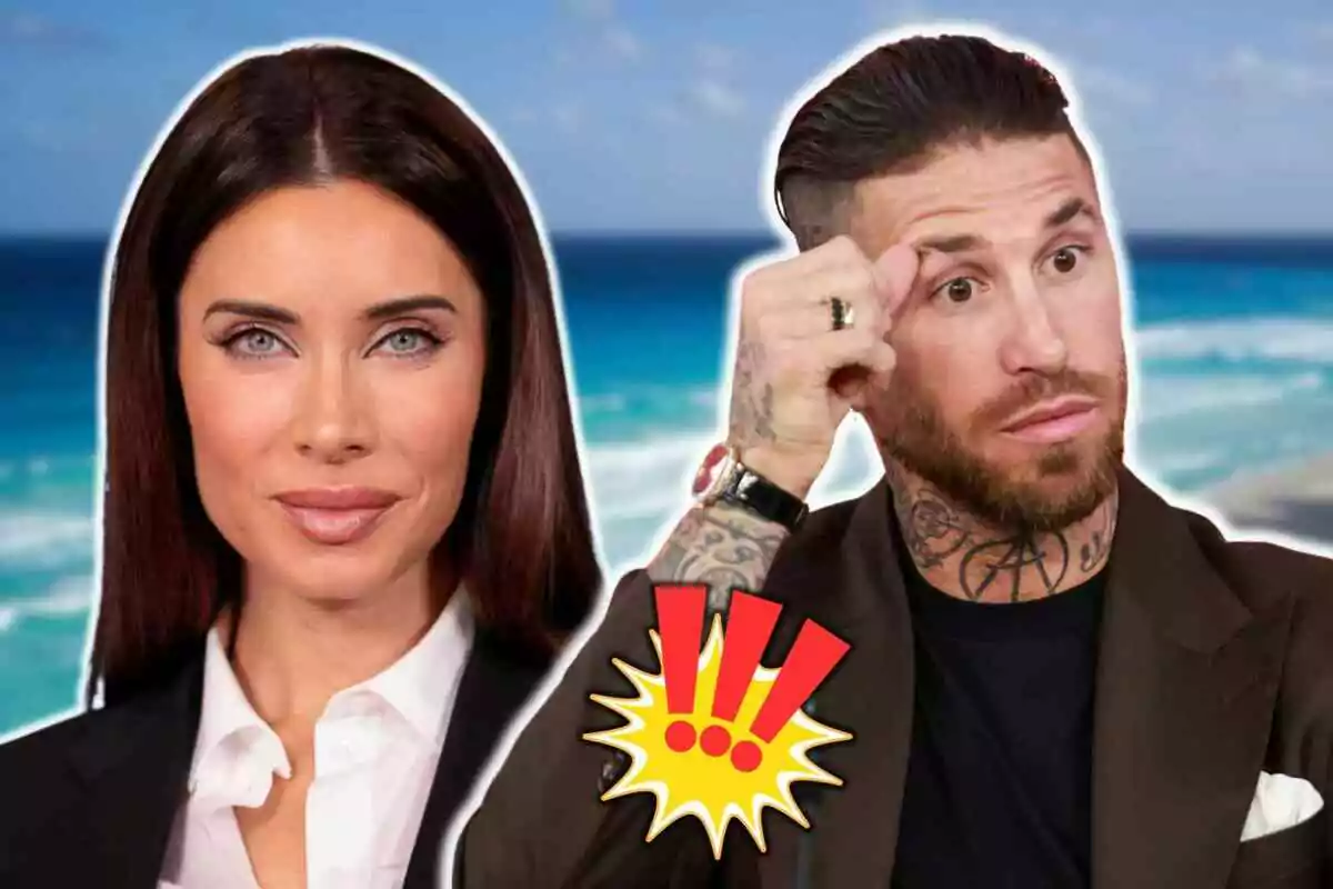 Sergio Ramos and Pilar Rubio posing in front of a beach background with an exclamation mark graphic in the center.