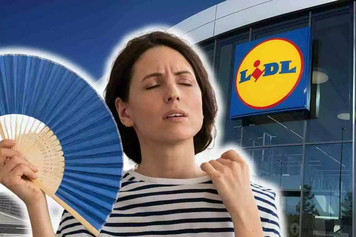 Mujer con expresión de calor abanicándose frente a una tienda Lidl