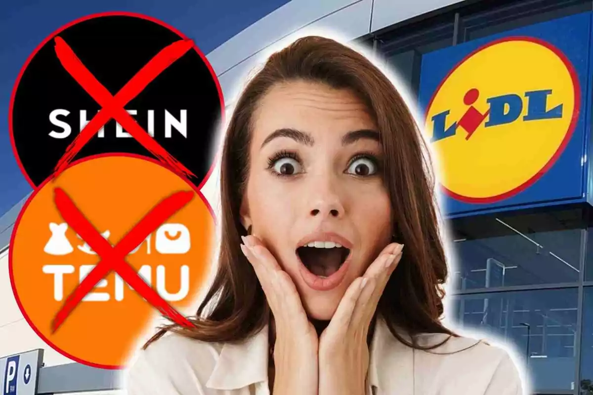 Mujer sorprendida frente a una tienda Lidl con los logotipos de Shein y Temu tachados en rojo