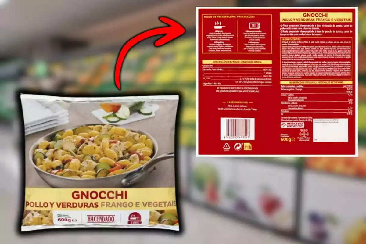 Paquete de gnocchi de pollo y verduras de la marca Hacendado con instrucciones de preparación y tabla nutricional en la parte posterior. Paquete de gnocchi de pollo y verduras de la marca Hacendado con instrucciones de preparación y tabla nutricional en la parte posterior.