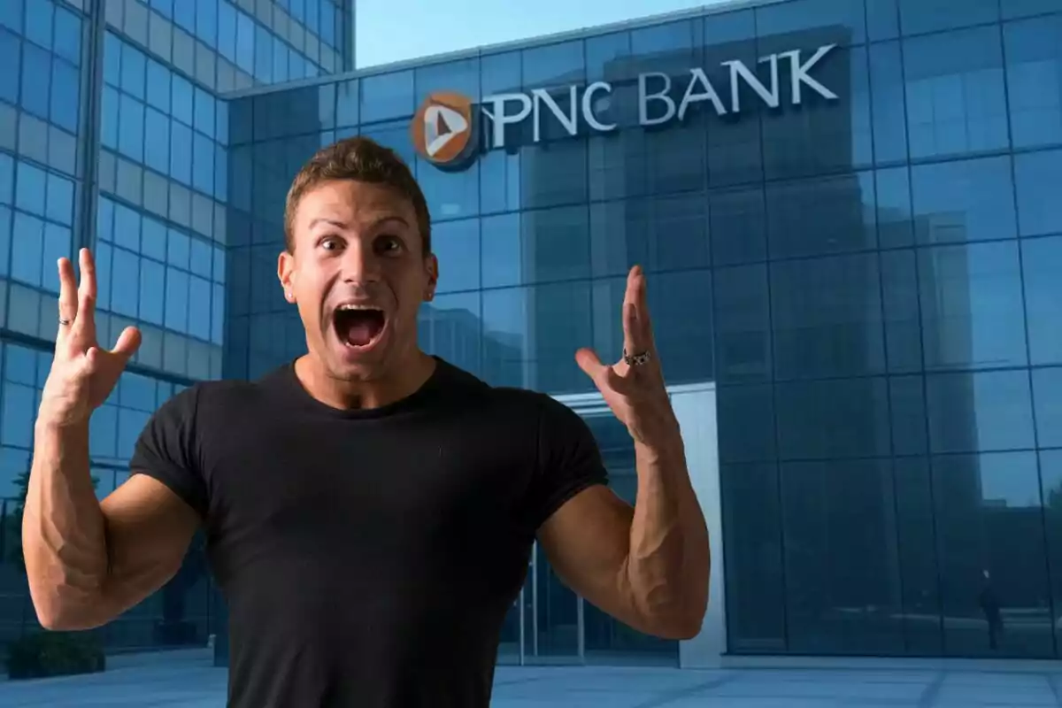 A man with an expression of surprise or excitement in front of a PNC Bank building.