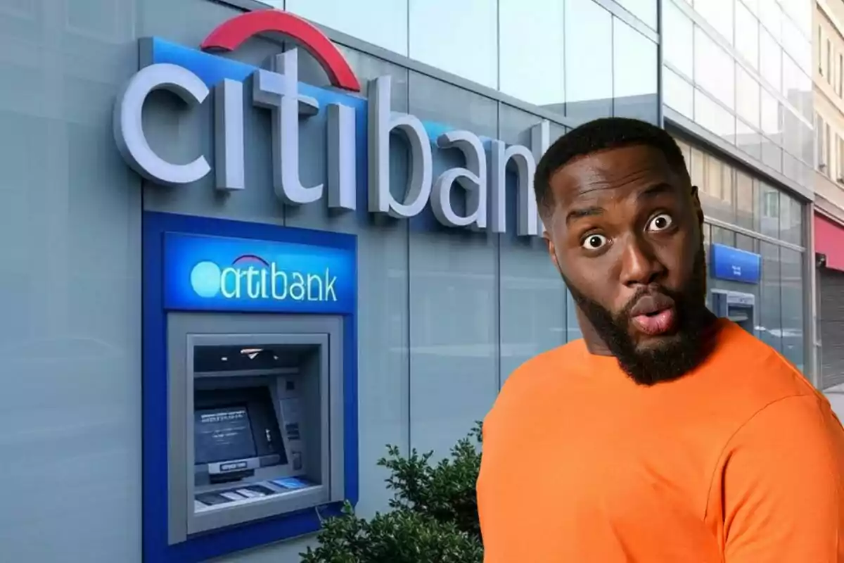 A man with a surprised expression in front of a bank ATM. A man with a surprised expression in front of a bank ATM.