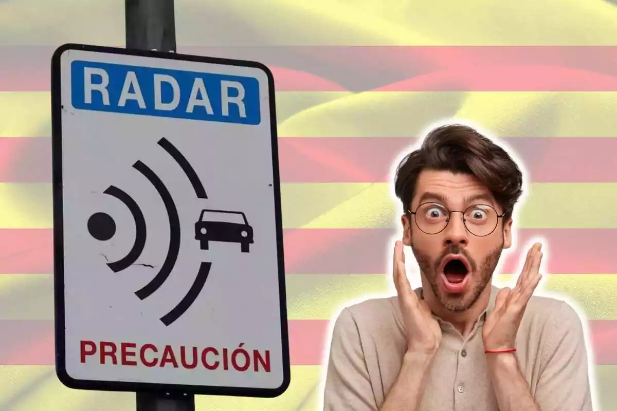 Montaje de fotos de un cartel de radar y, al lado, una imagen de un hombre sorprendido con la bandera catalana de fondo