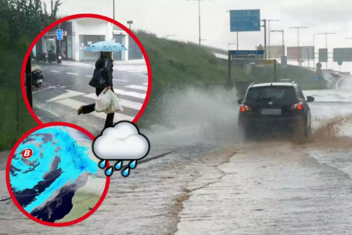 Una carretera inundada por la lluvia con un coche salpicando agua mientras una persona con paraguas cruza la calle y un mapa del clima muestra una tormenta acercándose.