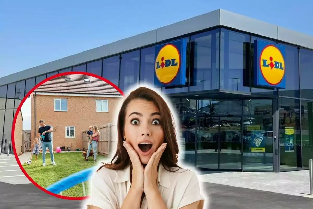 Una mujer con expresión de sorpresa en primer plano, una tienda de Lidl en el fondo y una familia jugando en el jardín en un recuadro circular.