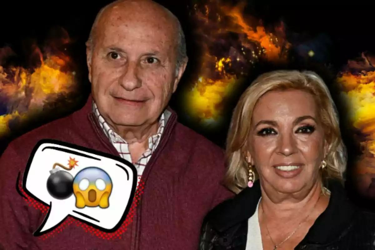 José Carlos Bernal y Carmen Borrego posan frente a un fondo de nubes coloridas con un globo de diálogo que contiene emojis de bomba y cara sorprendida.