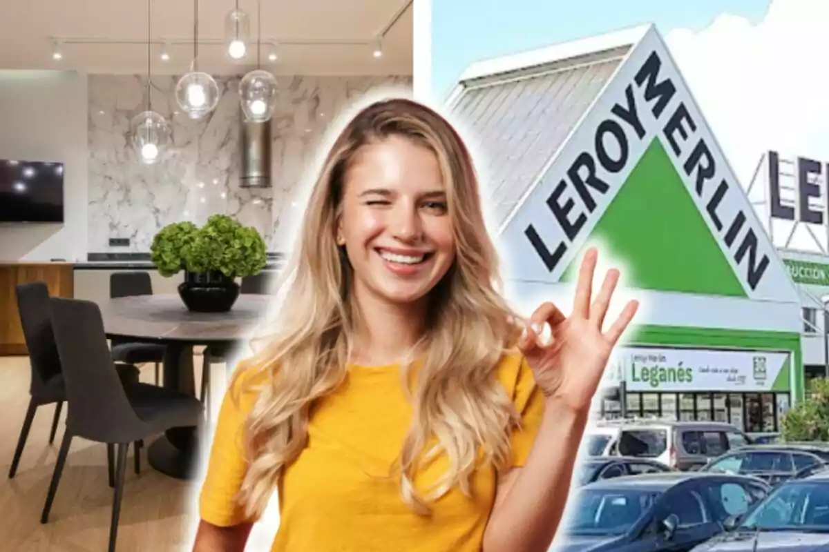 Una mujer sonriente con camiseta amarilla hace un gesto de aprobación frente a un fondo que combina un comedor moderno y la fachada de una tienda Leroy Merlin.