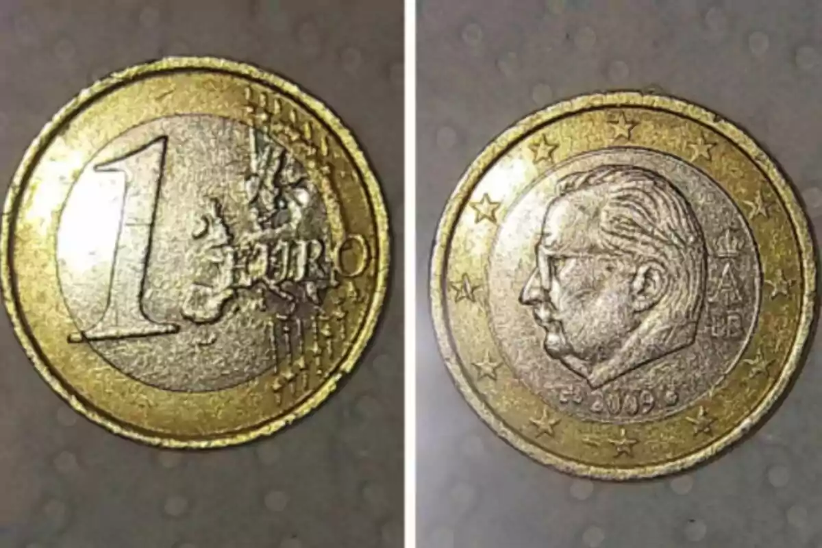 Moneda de un euro con diseño europeo en un lado y un perfil en el otro. Moneda de un euro con diseño europeo en un lado y un perfil en el otro.