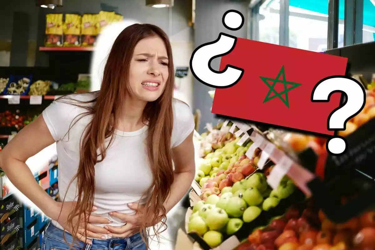 Una mujer con dolor de estómago en una tienda de comestibles, con la bandera de Marruecos y signos de interrogación superpuestos.