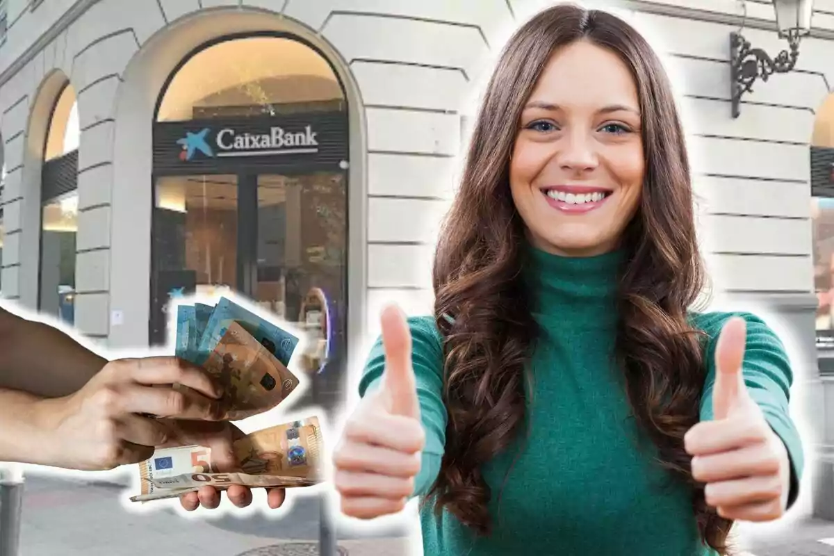 A smiling woman with thumbs up, a CaixaBank building and hands exchanging euro bills.