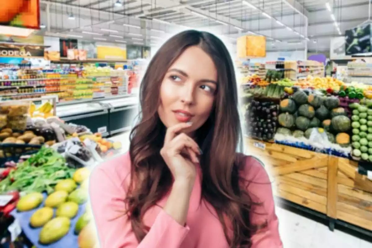 Mujer pensativa en un supermercado rodeada de frutas y verduras.