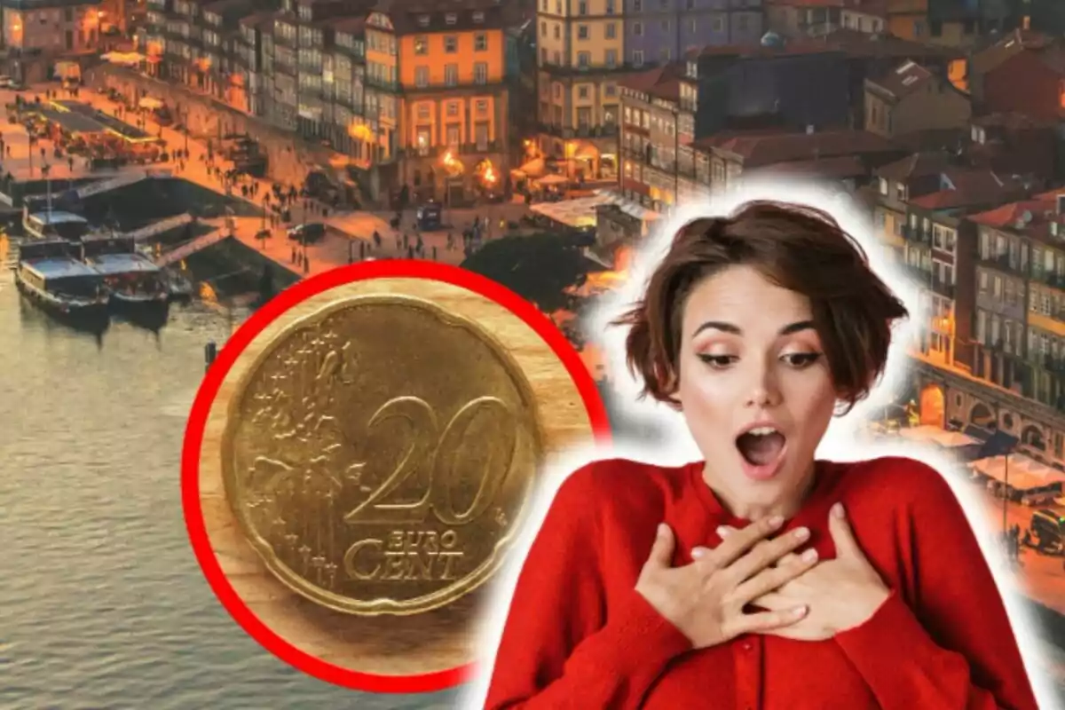 A woman surprised with a 20 euro cent coin in the foreground and an illuminated cityscape in the background.