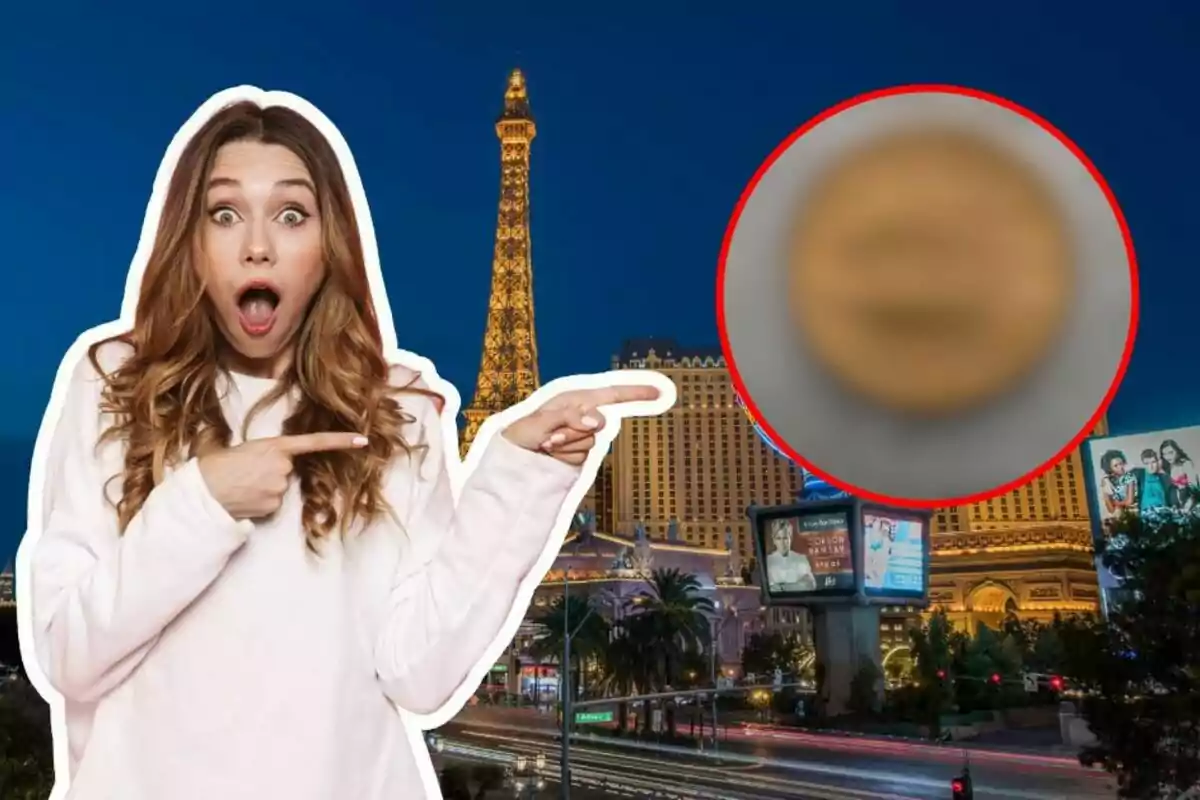 Mujer sorprendida señalando un objeto borroso en un fondo de ciudad con la Torre Eiffel iluminada.