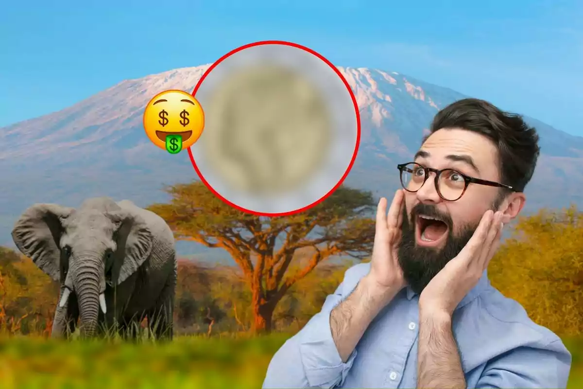 Hombre sorprendido con un elefante y una montaña de fondo, con un emoji de dinero y una moneda borrosa en un círculo rojo.